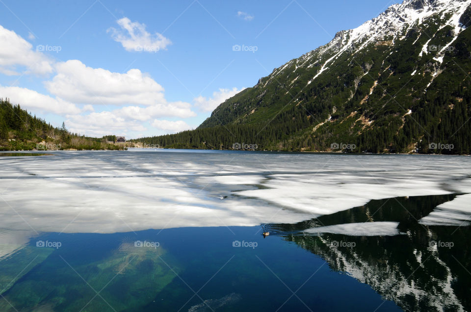 frozen water of the mountain lake in Poland