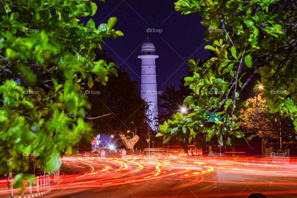 Light trails and dharahara at kathmandu