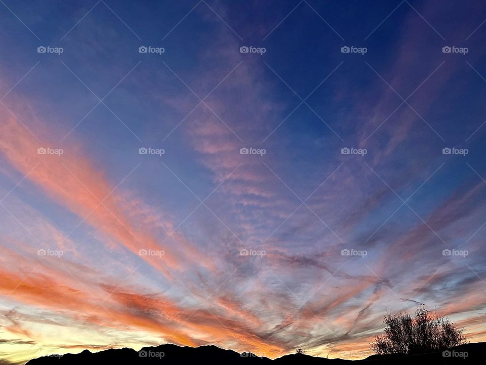 A photo of a colorful sunset with mountains and a tree in the bottom right corner. 