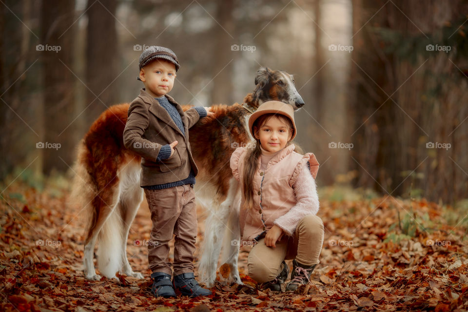 Children with russian borzoi dog in an autumn park 
