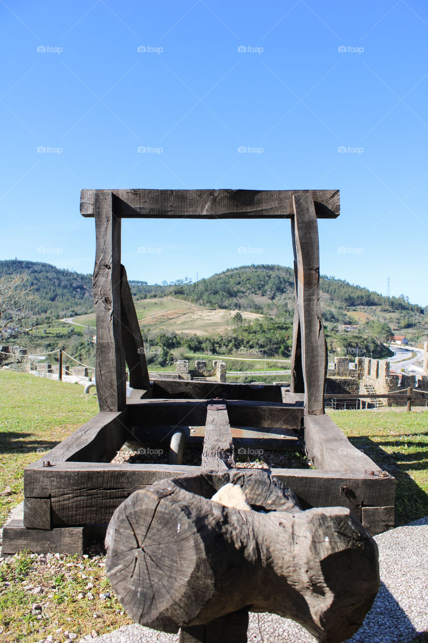 Penela Castle, Portugal. Ancient catapult used in castles for battle.