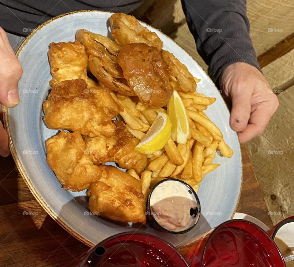 Fish and chips and onion rings from Bear Paw’s in Anchorage, Alaska