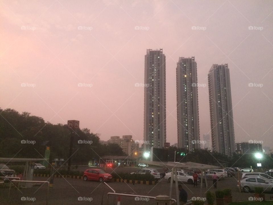 The Towers standing tall - dim lit sky & rare hazy weather