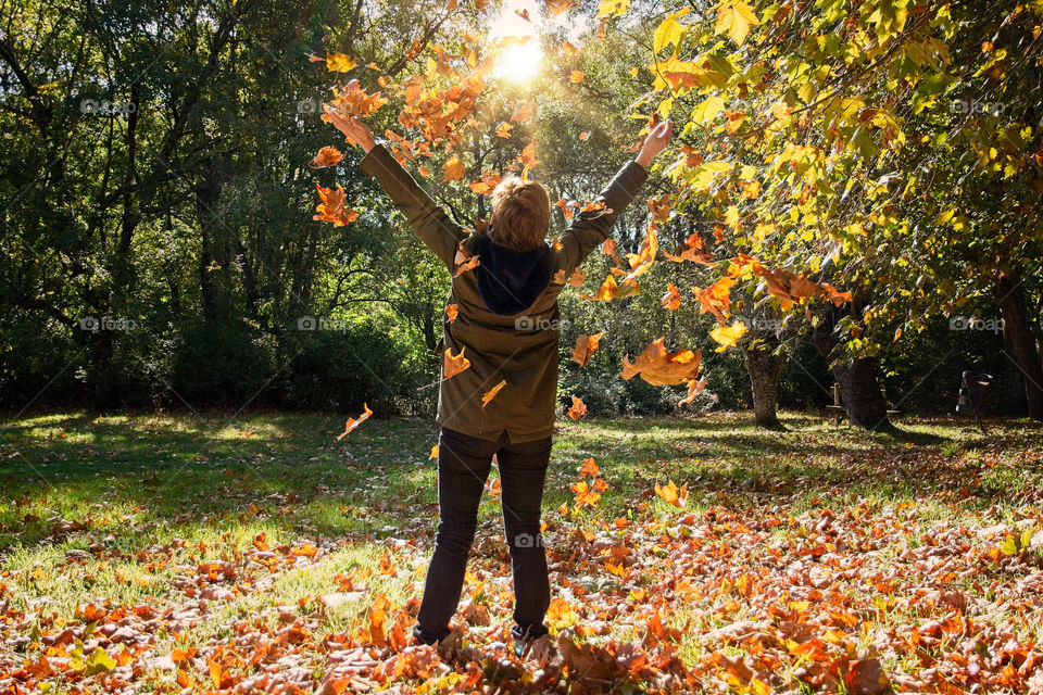 Woman throwing leaves into the air on a sunny day in autumn/fall 