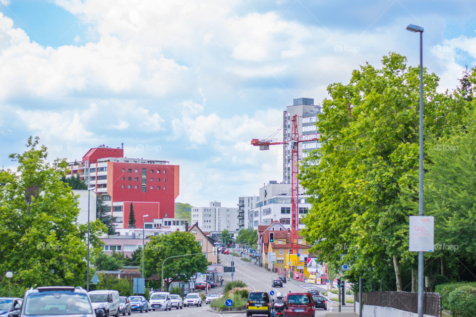 traffic, view on street, buildings and cars