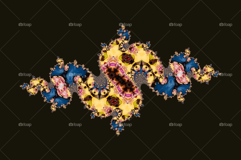 Trippy Fractal with human faces, yellow blue and pink wallpaper.