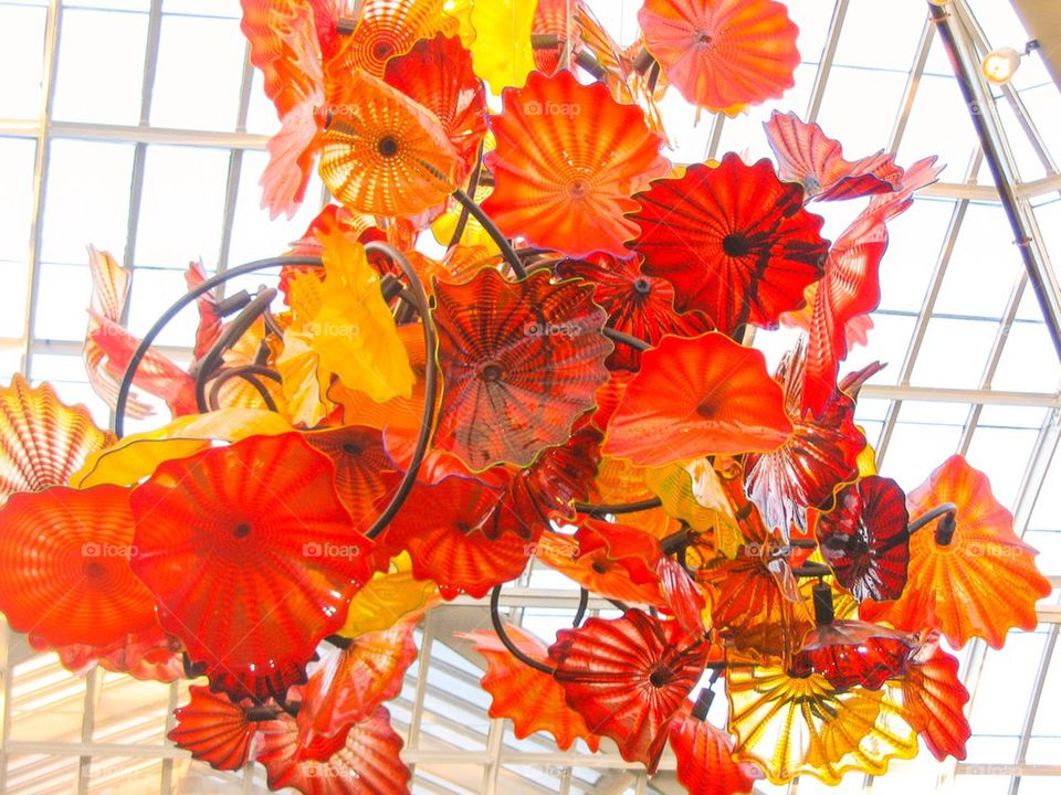 Orange and gold glass on ceiling