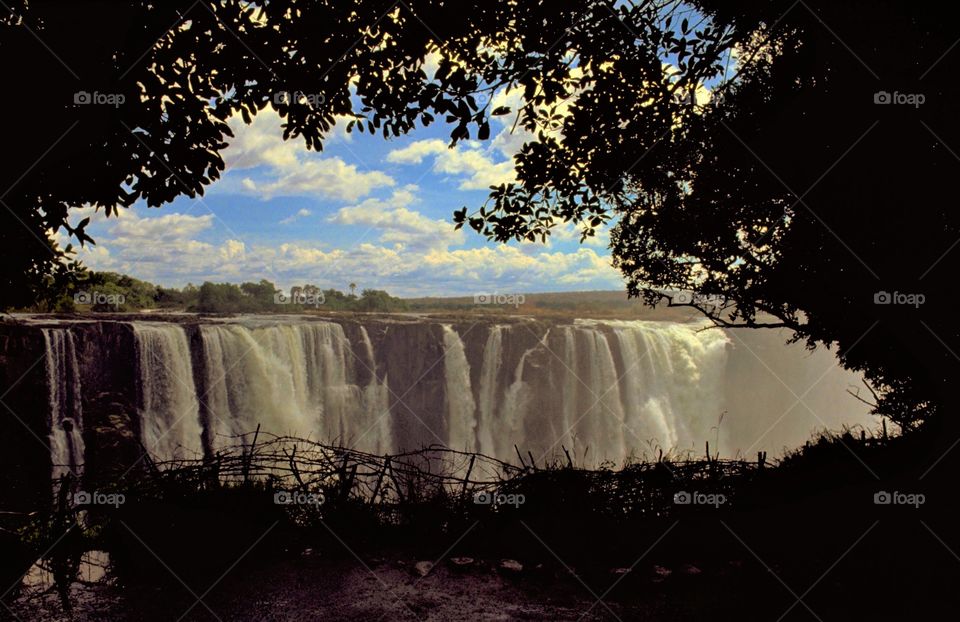 Victoria Falls in full flow; as seen from the Zimbabwean side of the Zambezi River, in southern Africa.