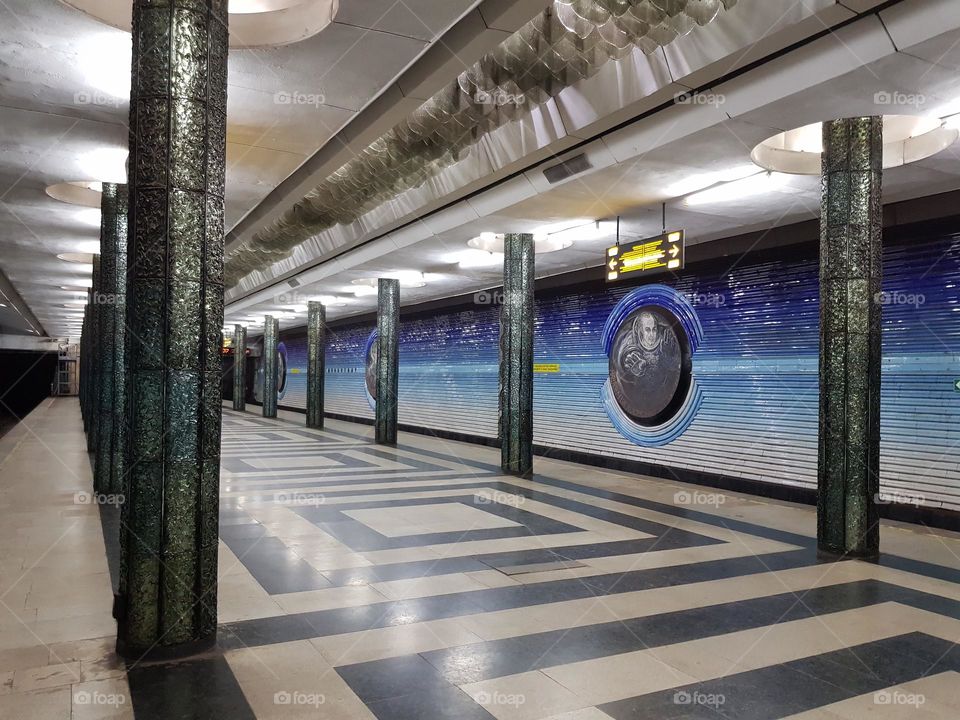 Subway station of the metro system of Tashkent, Uzbekistan, with cosmology as the theme