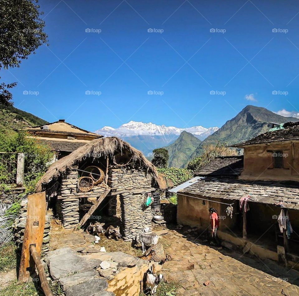 The quaint, rustic village of Dharapani. The Dhaulagiri Range sits in the background. Photo taken on the Dhaulagiri Circuit Trek in Nepal.