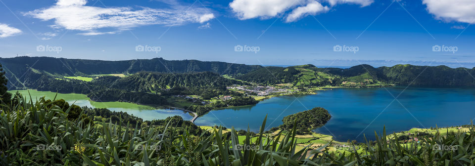 Panoramic view on the lakes of Sete Cidades from Vista do Rei. Sao Miguel, Azores, Portugal.
