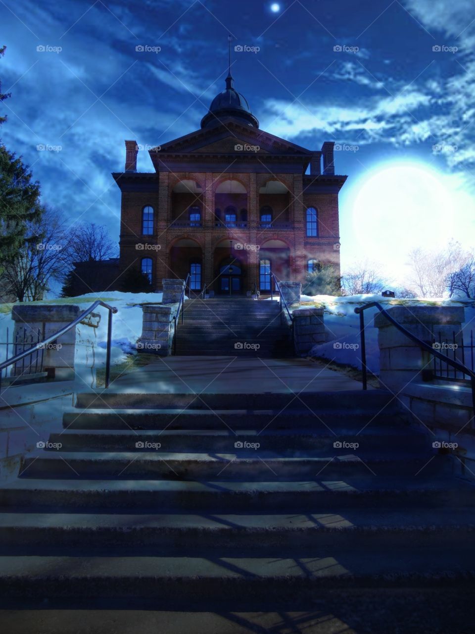historic Stillwater Minnesota courthouse with stairs and fantasy moon landscape