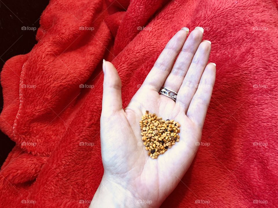Polen granules in palm of a woman