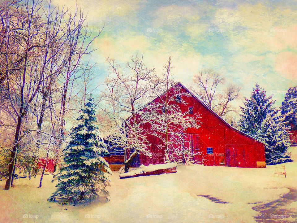Red barn in the snow. 