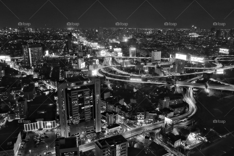 Bangkok elevated roads from high-rise in black and white