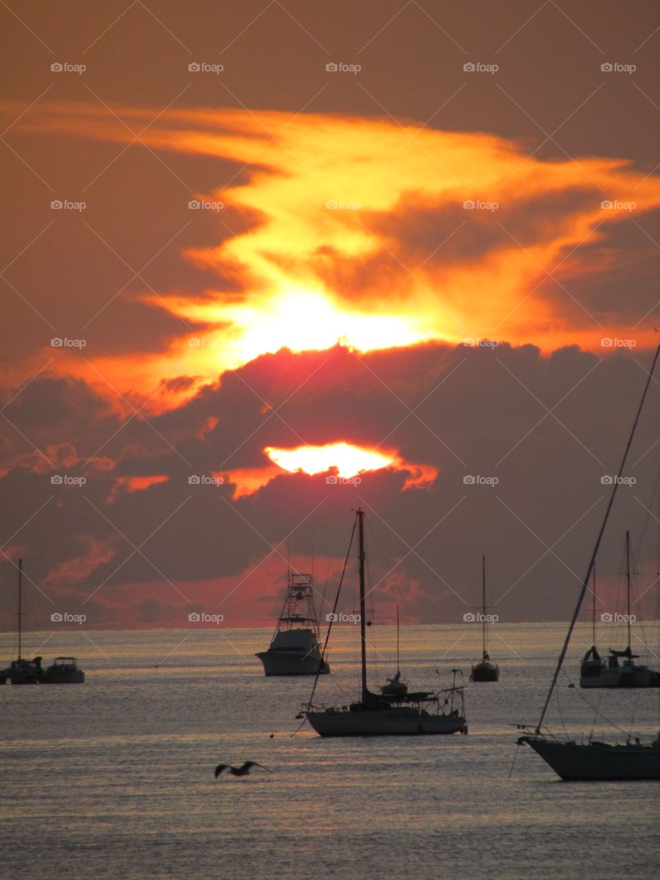 Fire in the sky, Sunset over the water, sailboats in fore ground. 
