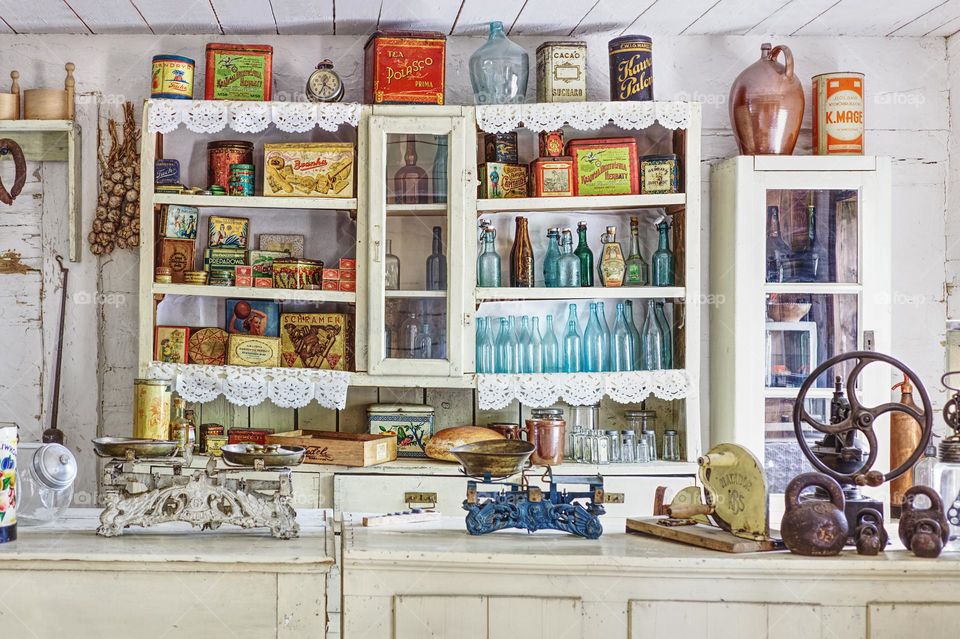 Interior of an old country store in the polish open air museum.