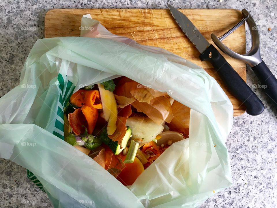 Food off cuts in food recycling bag after preparing dinner