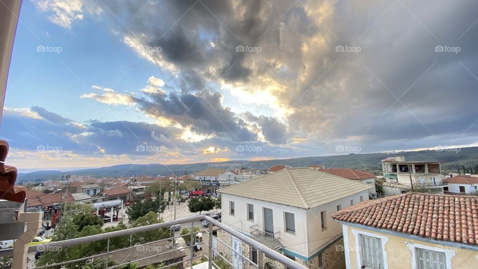 Sunset in Greek village 