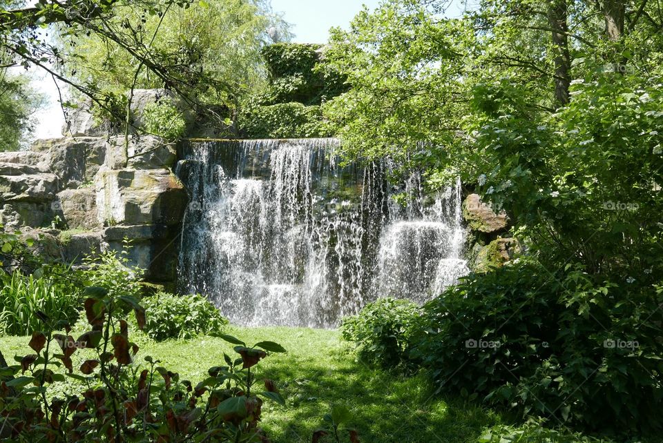 Waterfall in a botanical garden located in Brugelette, Belgium.