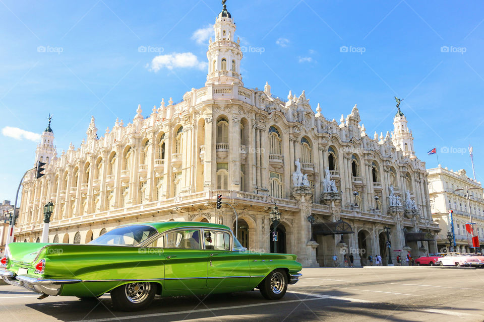 Buick Lesabre at the crossroads near the Great Theatre of Havana, Cuba, Havana