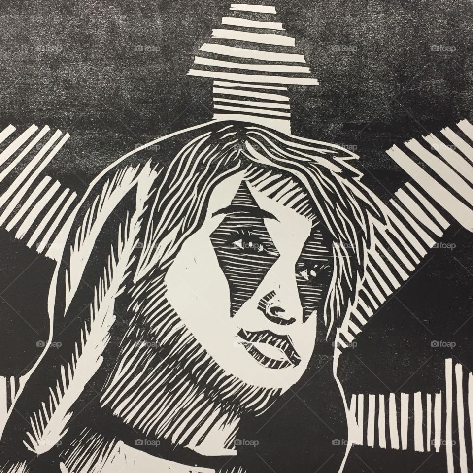 A linoleum print made with black ink. It is original artwork and made by hand. I turned it digital. 