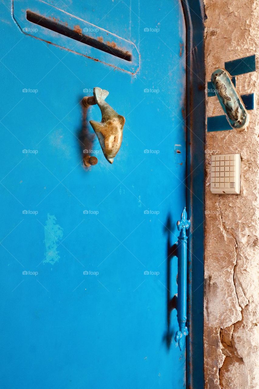 Turquoise door with dolphin knocker