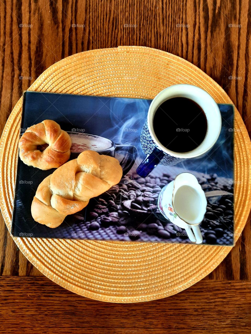 coffe milk and home made rols for breakfast -flat lay