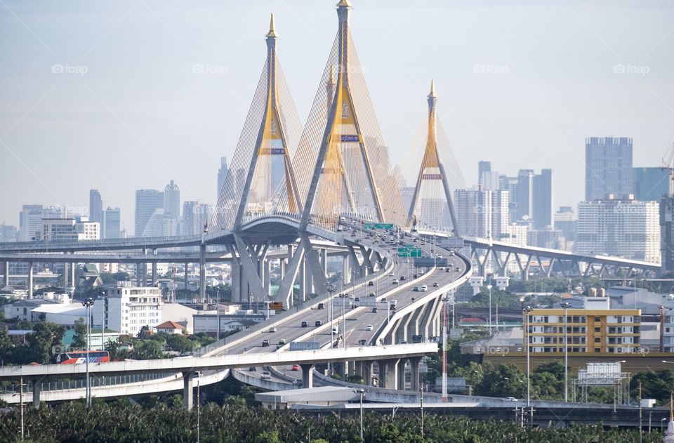 Bangkok/Thailand-July 15 2019: Traffic on the most beautiful landmark Bhumibol bridge in Thailand 