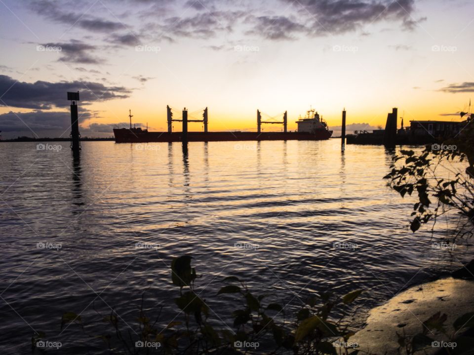 autumn sunset on the Elbe of Hamburg