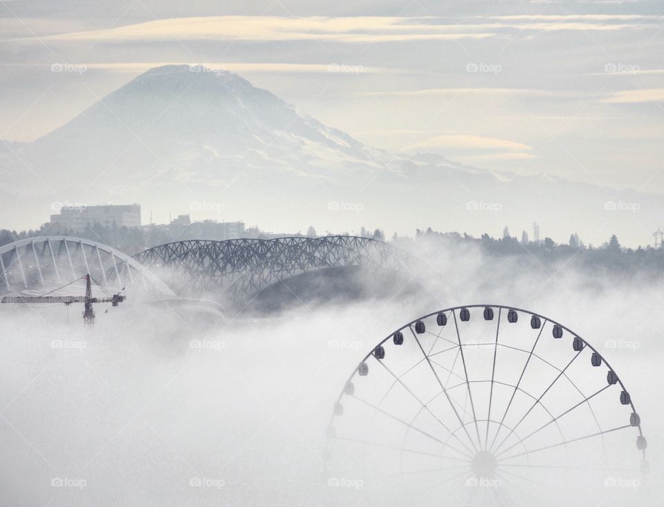 Seattle and Mount Rainier in fog