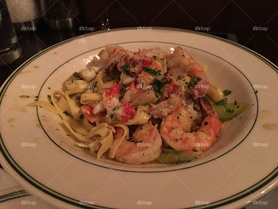 Jumbo shrimp and lobster pasta with heart of palm. Delicious pasta dinner.  
