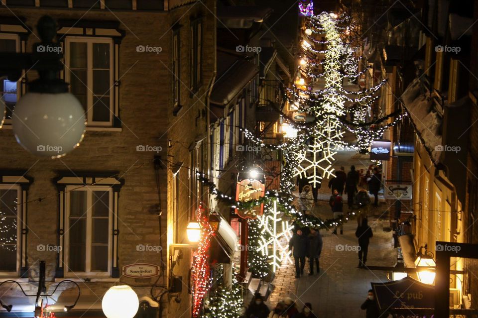 Beautiful Christmas decorations on the street of an old city