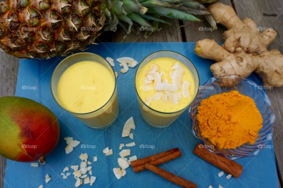 Pineapple mango coconut ginger turmeric cinnamon smoothies