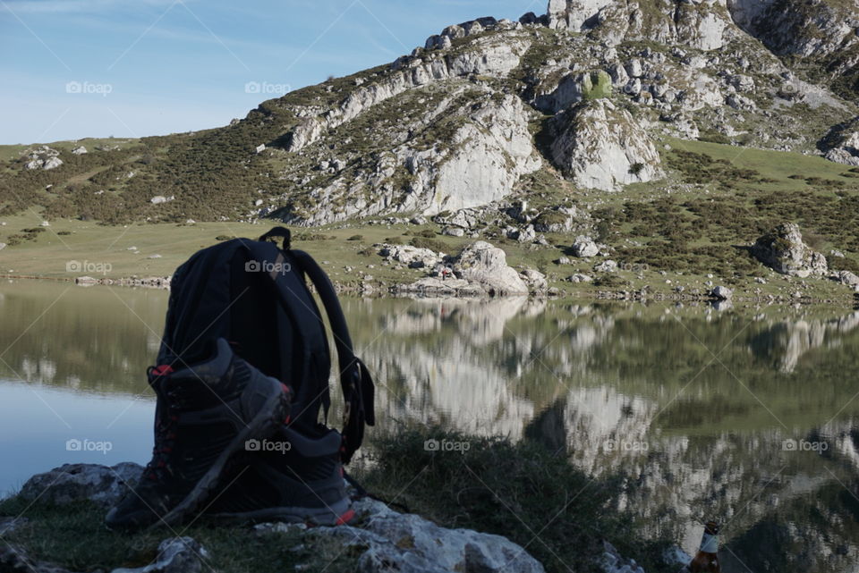 Adventure#nature#lake#rocks#reflect#sky#shoes#bag