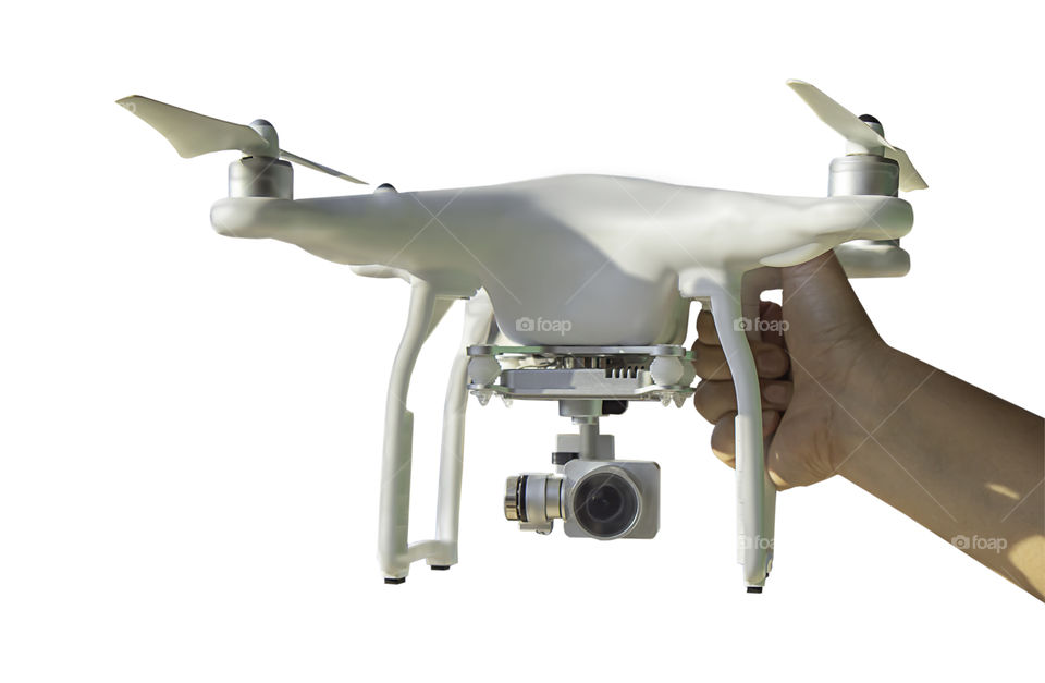 Isolated Hand  holding Drones for mobile photography and video on a white background with clipping path.