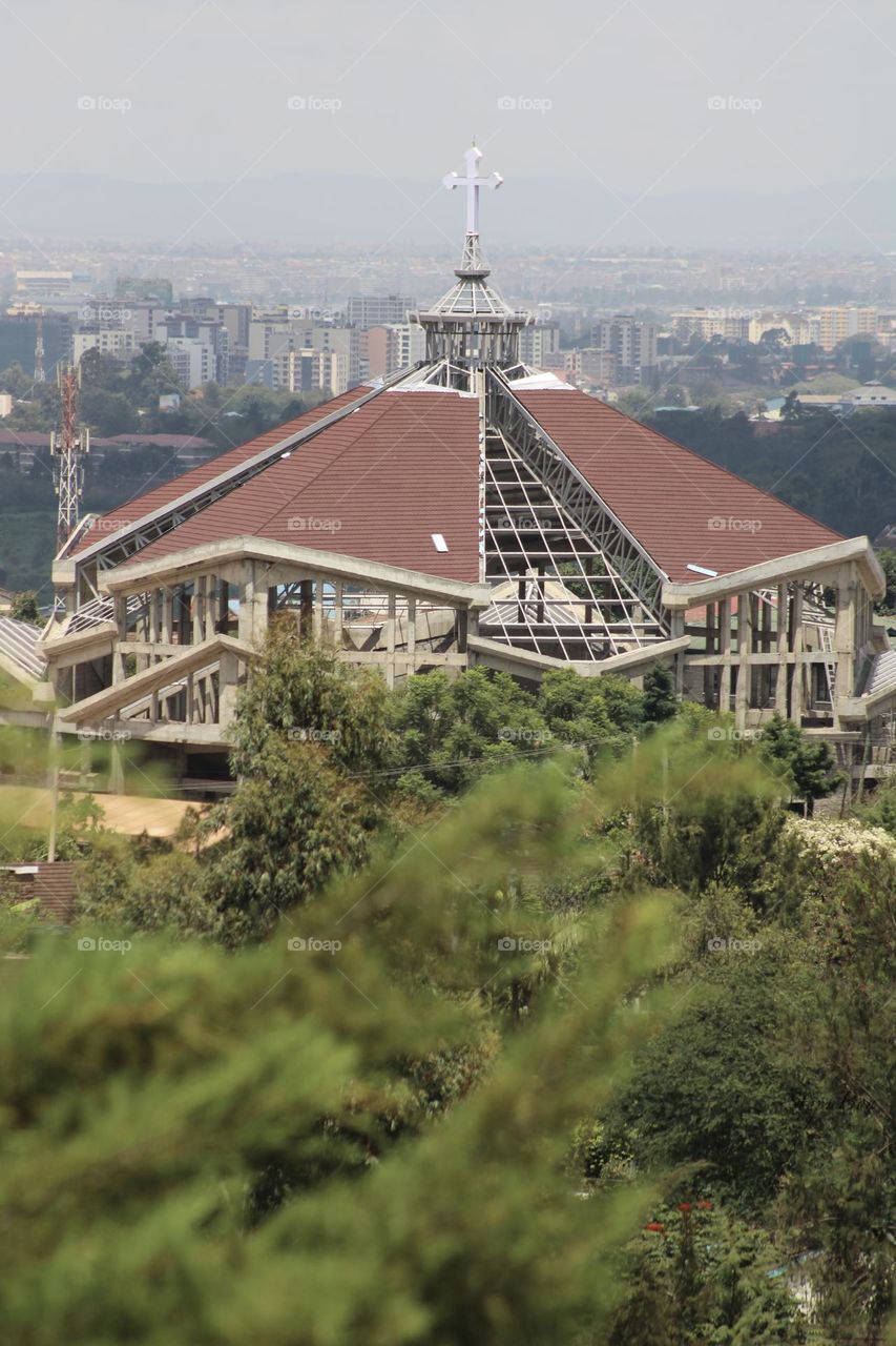 Church roof construction in progress 