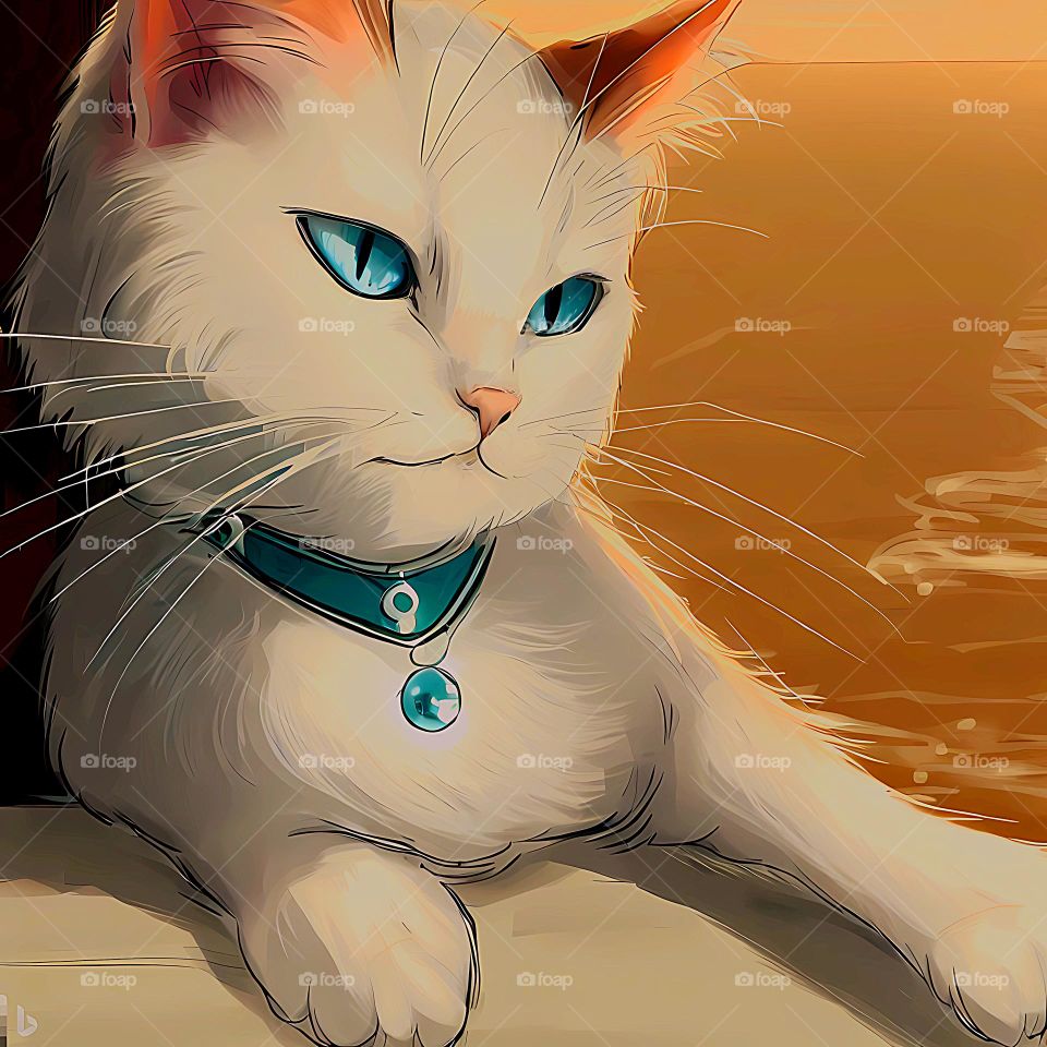 ArtWork for a white cat at a window in sunset time 