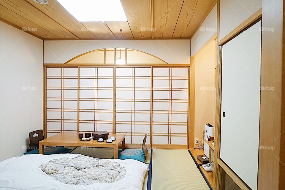 Japanese traditional room with tatami mat and shoji sliding paper door