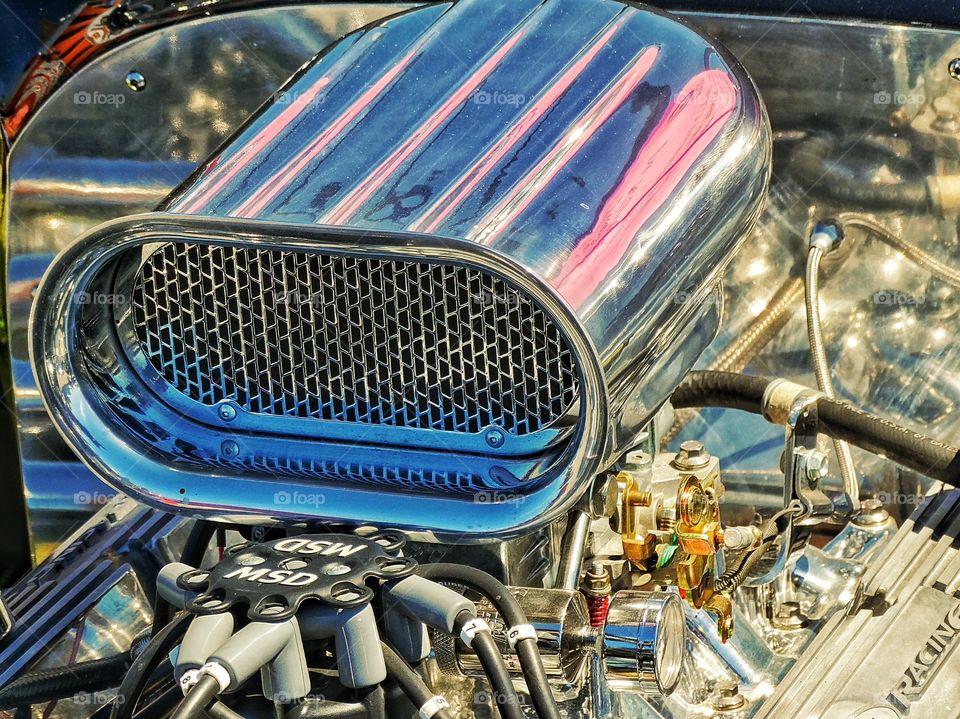 Chrome Hot Rod Engine. Detail Of Muscle Car Engine Supercharger
