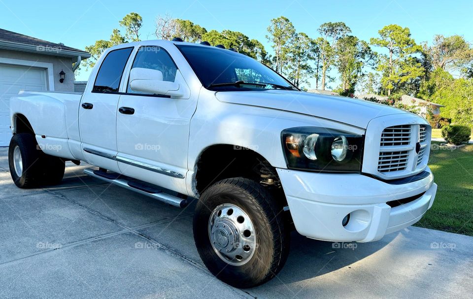 Big white truck in dappled light.