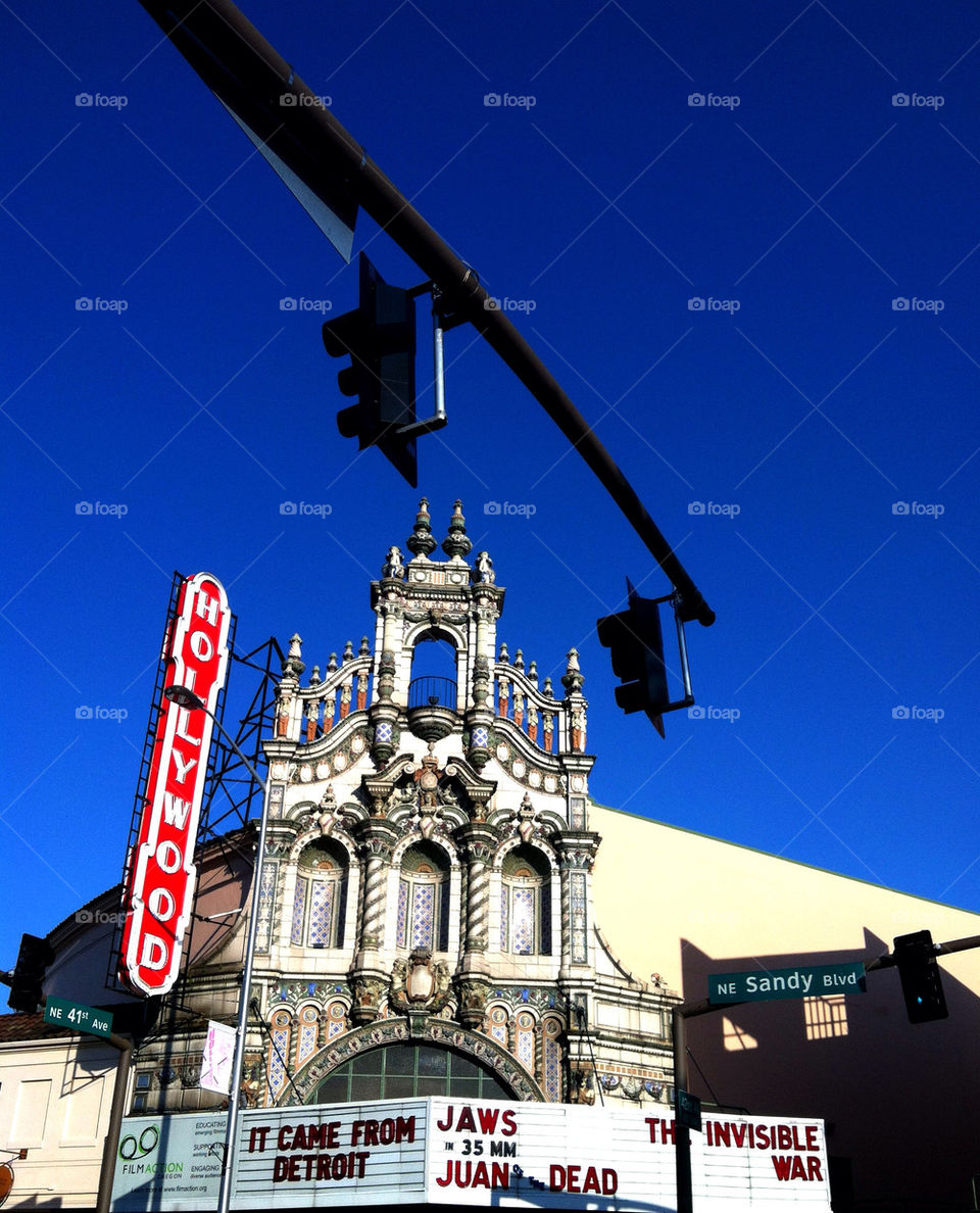 The old Hollywood movie theater in Portland, Oregon on a sunny day. 