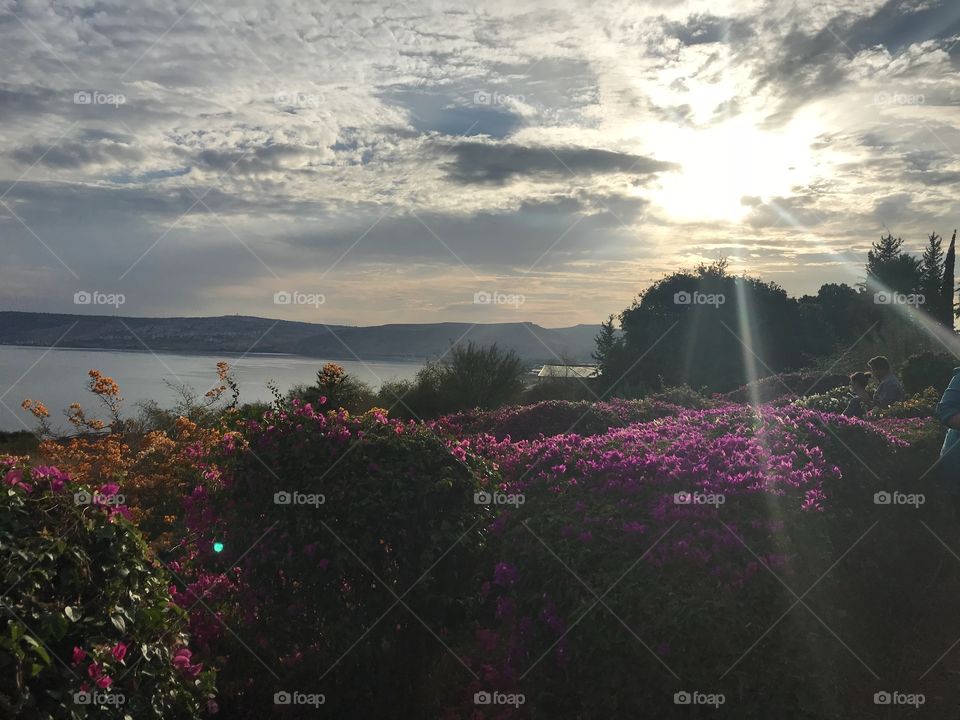Gorgeous sun over the peaceful Sea of Galilee from the Mount of the Beatitudes. 