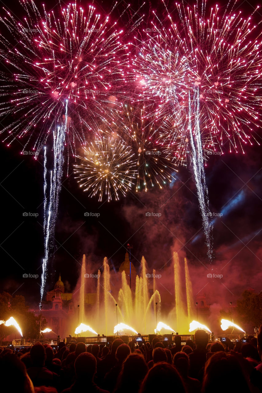 Barcelona, Spain. Magic Fountain of Montjuic laser and water show at night.
The fountain is located close to Plaza de Espana. Light show is accompanied by music some nights of the week.