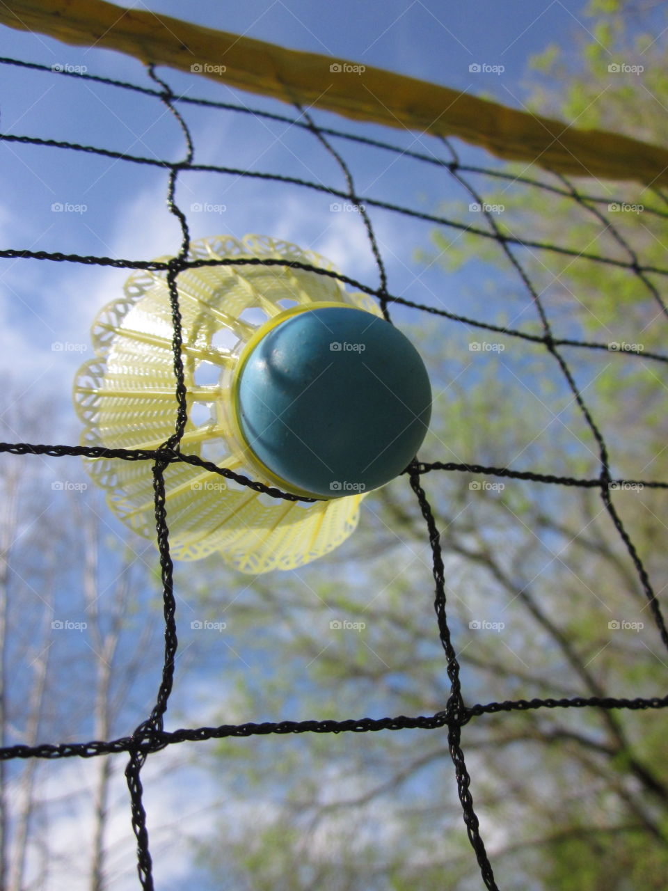 Badminton birdie hanging in net. 
