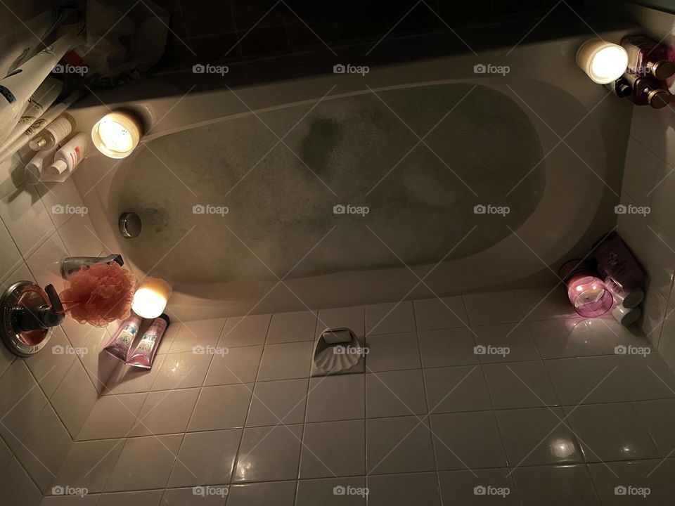 Relaxing/ rejuvenating Bath tub ready, with candles, Dr Teal’s bath salts and bubble bath gel, and soft music