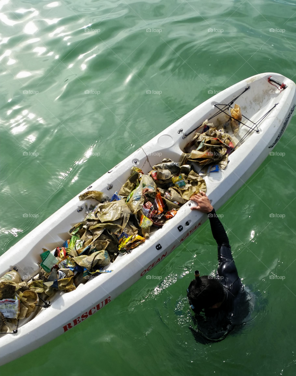 High angle view of garbage in boat
