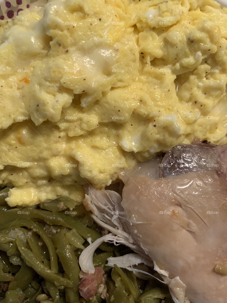 JPTSNW; Only What I’m Good At! Food, Muenster Cheesy Egg Breakfast with French style cut green beans and rotisserie skinless chicken thigh. 2 of ten