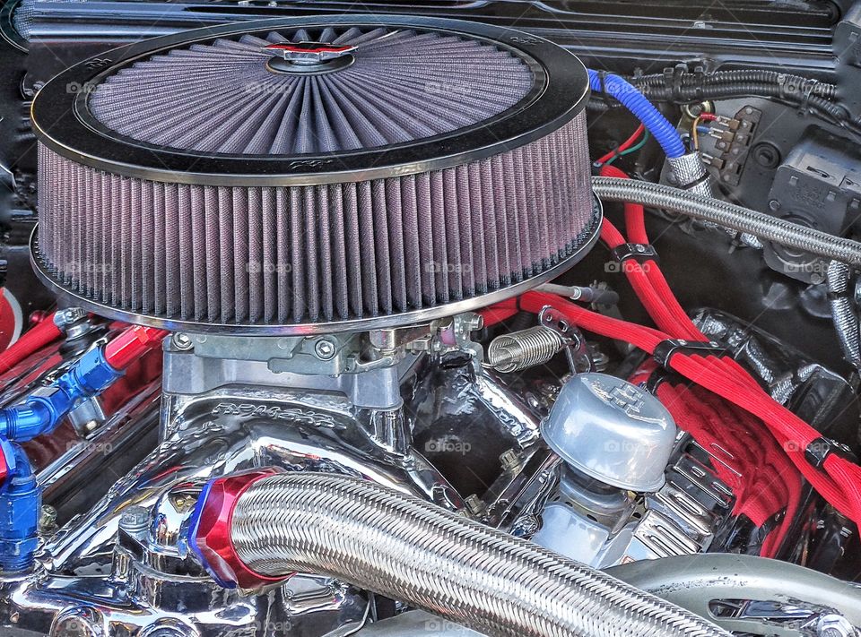 Muscle Car Engine. Detail Of Chrome And Gears Of Hot Rod Engine
