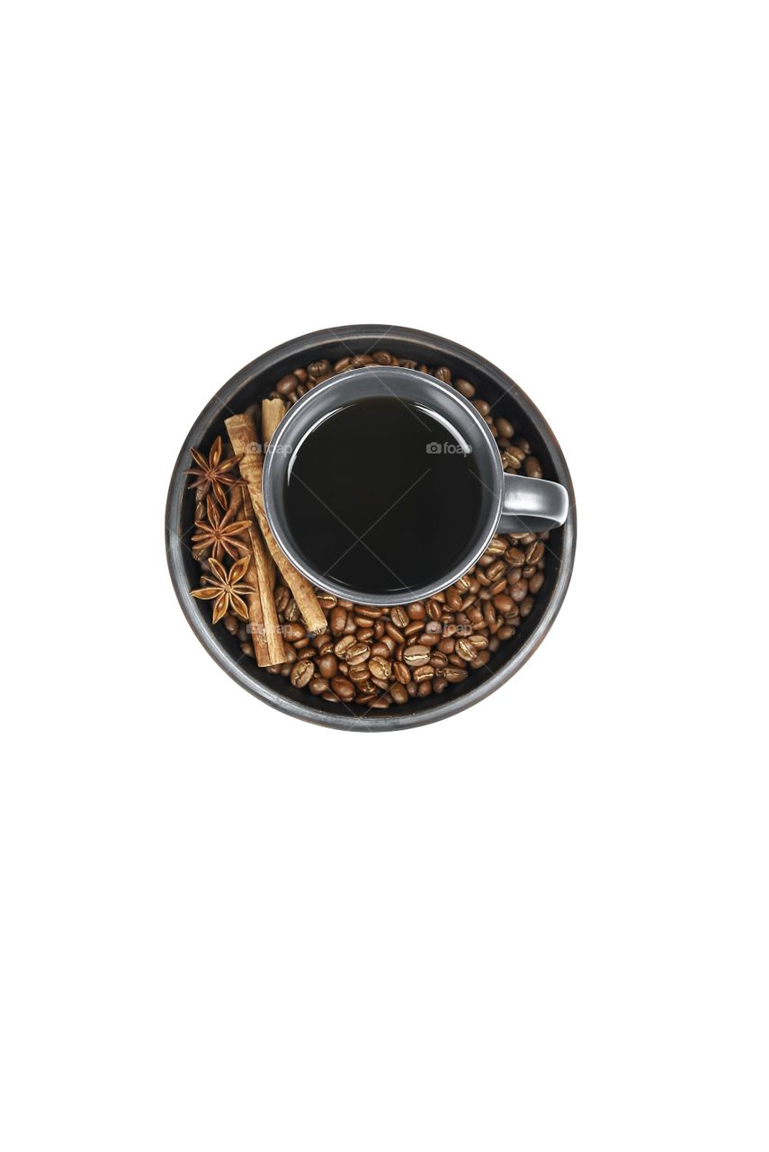 Cup of black coffee and beans on white background 